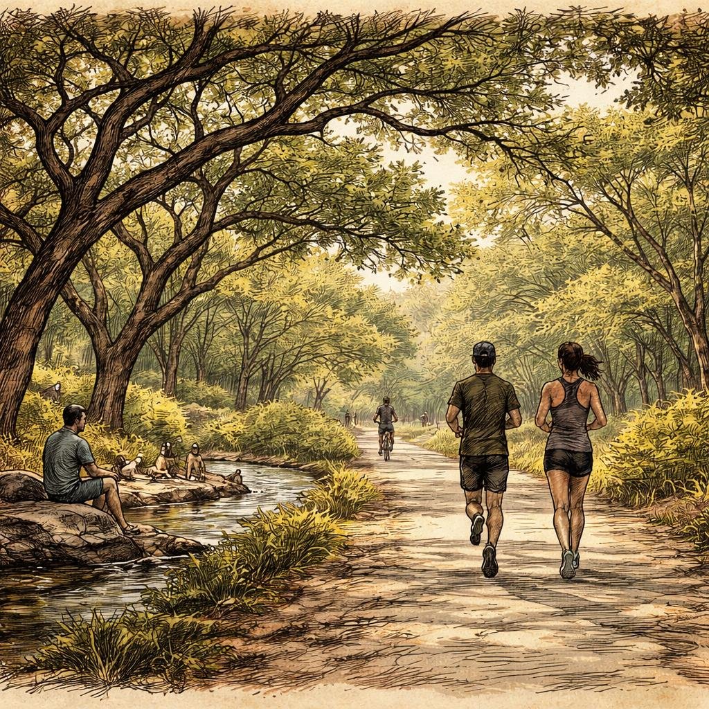 Amid the whispering trees, the sunlight paints dappled patterns on my trails, where joggers and bikers glide by. Each step echoes with stories shared, a reminder of life’s simple joys.