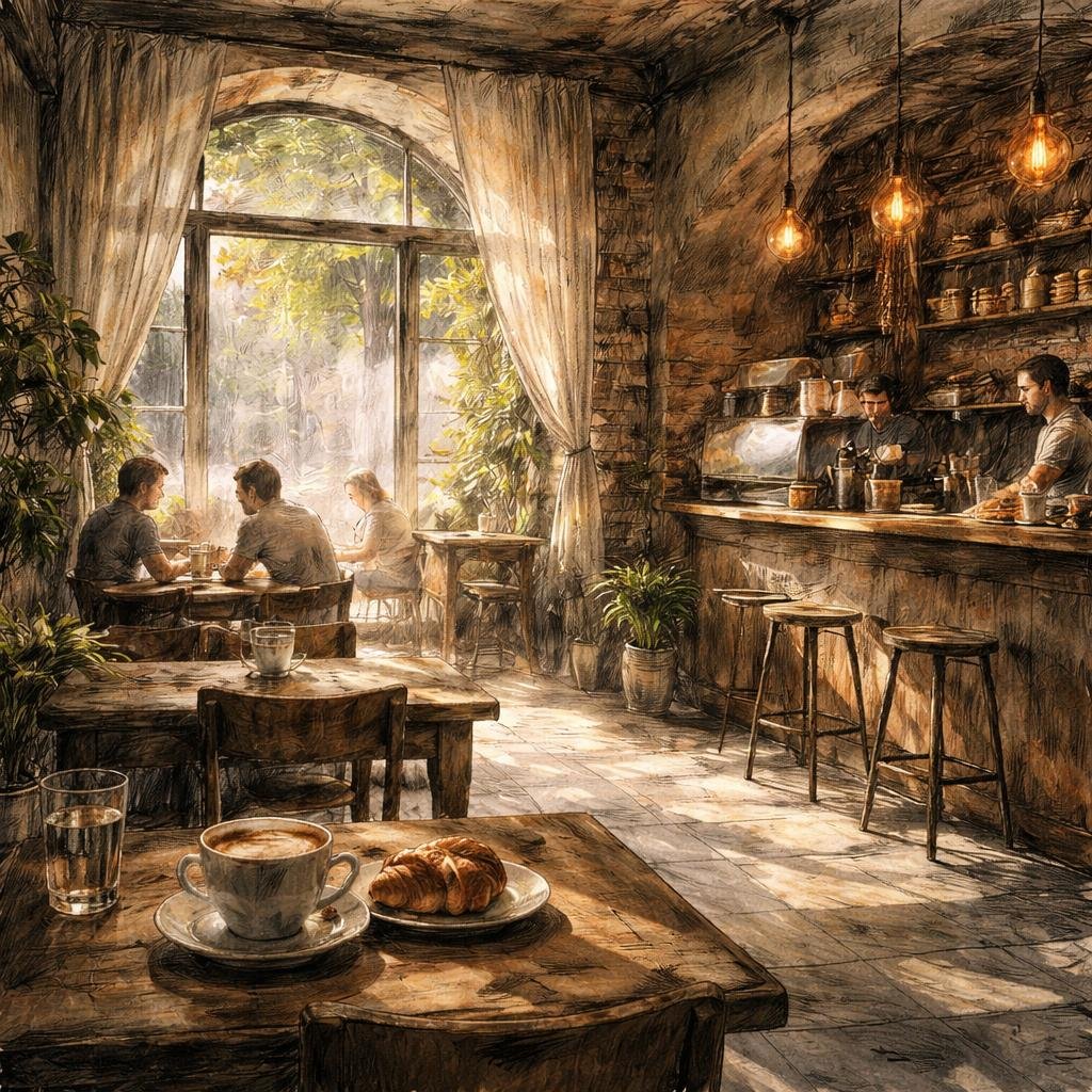 Sunlight filters through the window, casting delicate patterns on my wooden tables. Each warm beam seems to cradle the laughter and stories shared over coffee, whispering the essence of connection.