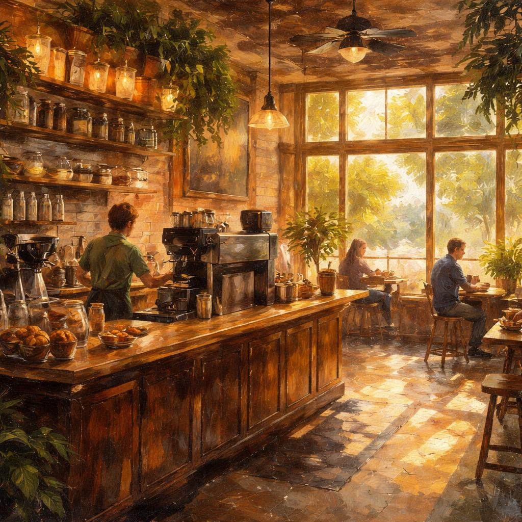 Golden light spills through my wide windows, casting a warm glow on the rich coffee and wooden counters. It’s those quiet mornings, where the world feels still, that linger in my memory.