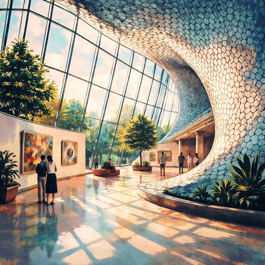 Light streams through my curving glass walls, casting shifting patterns on the polished floors. It feels like a quiet embrace, inviting reflections on the beauty held within each frame.