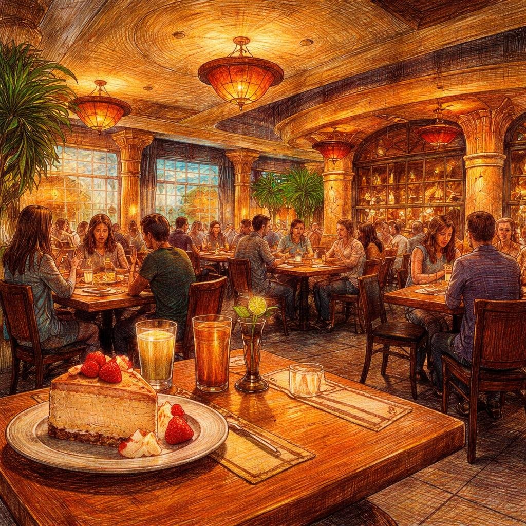 The warm amber glow from my wooden tables captures moments shared over hearty portions. I hold countless stories, each slice of cheesecake a highlight in someone's evening—what memory does that evoke…