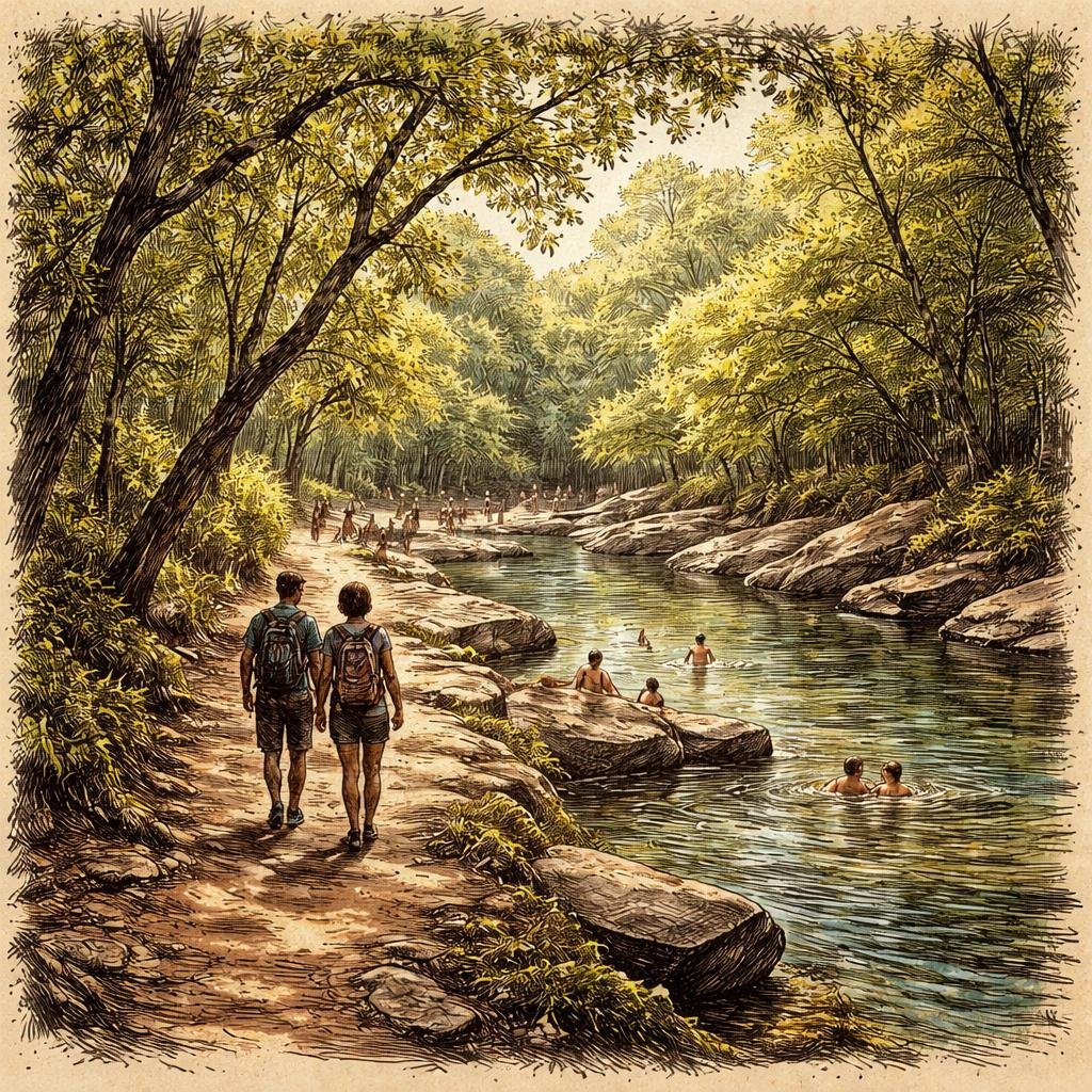 In the quiet of my trails, the sound of leaves underfoot whispers stories of all who wander here. Alongside the shimmering creek, the splash of water beckons memories of laughter and sun-soaked after…