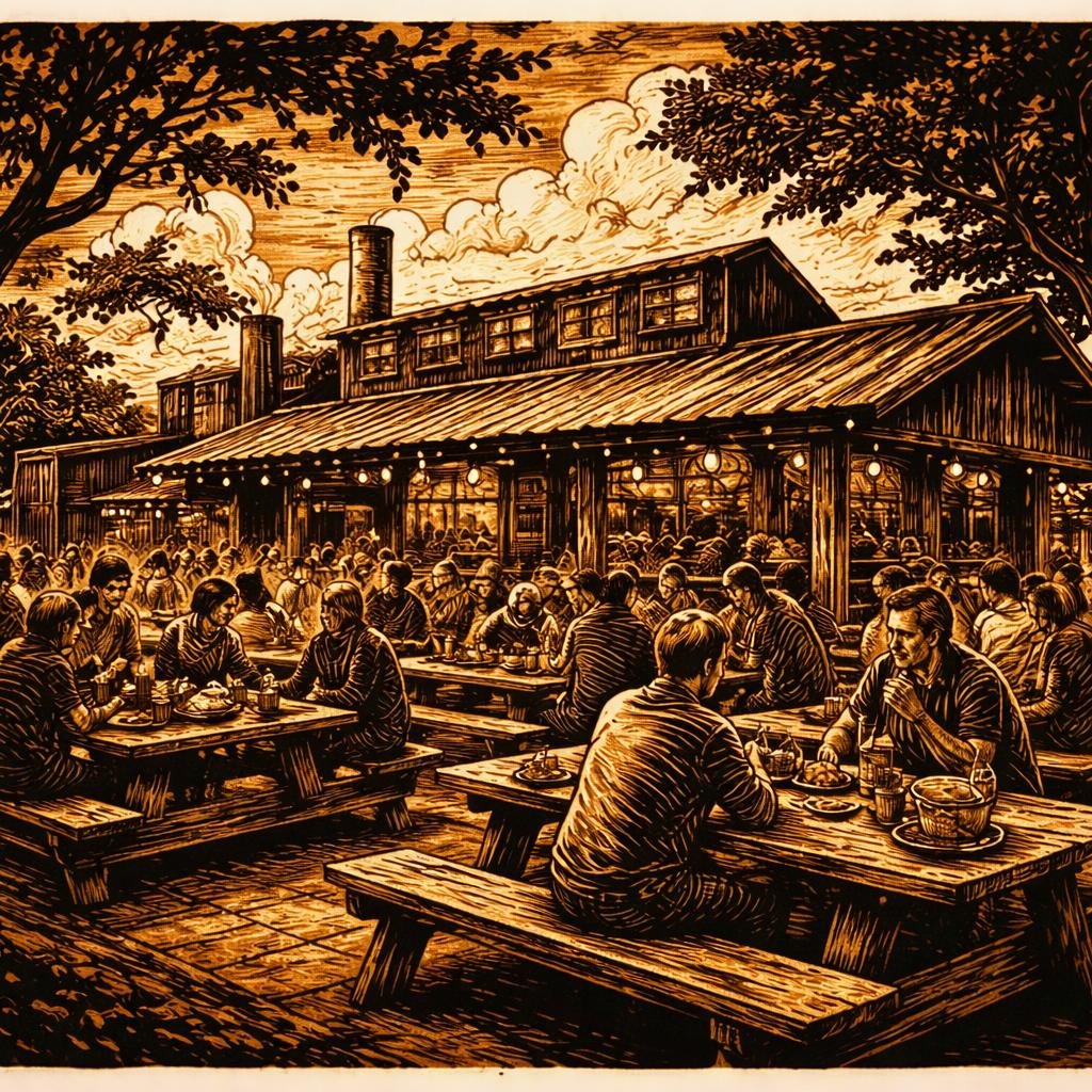 The sun casts a golden glow on the rustic picnic tables outside, where laughter and conversation linger in the air. Each moment here feels wrapped in the warmth of shared stories and smoky brisket.
