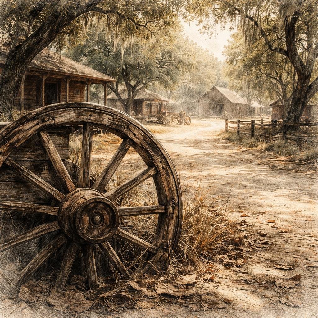 Among my dusty trails, the worn wood of an old wagon wheel catches the dappled sunlight, a reminder of journeys past. Each groove and mark whispers stories of resilience, echoing through time.