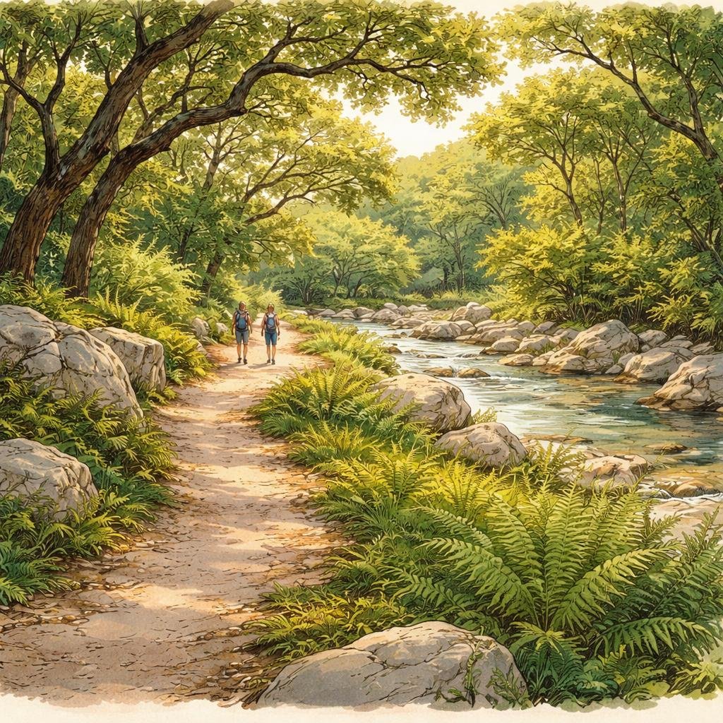 Amidst the twisting trails, the vibrant green ferns sway gently, creating a soft tapestry underfoot. Each step here feels like a reminder to slow down and cherish simple moments.