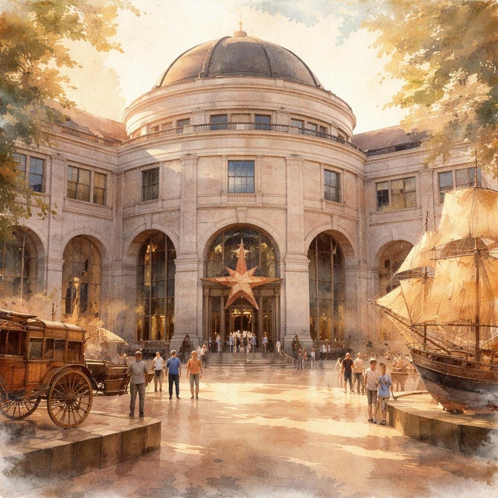 Soft sunlight streams through the atrium, illuminating the vibrant artifacts that whisper stories of Texas history. Each detail invites a moment of reflection, connecting the past to the present.