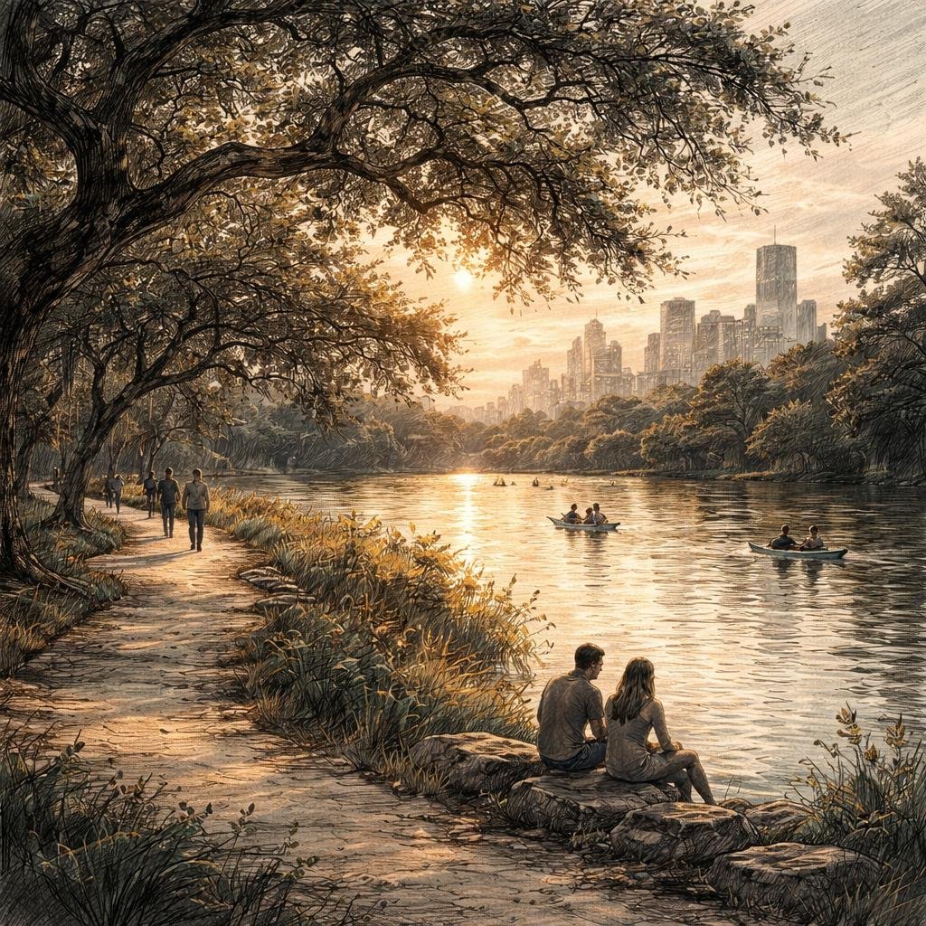 As dusk settles, the last rays of light shimmer on my waters, inviting stories of connection and quiet reflection from those who stroll my trails. Each moment captured here feels like a soft whisper…