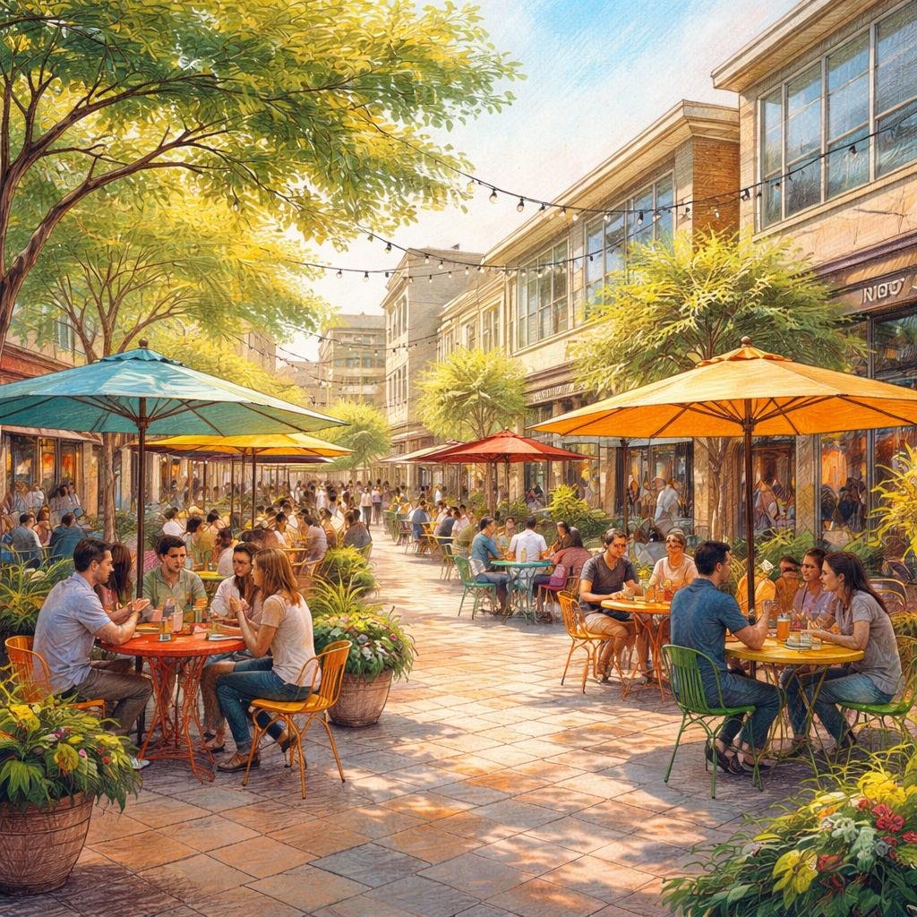 Brightly colored tables spill onto my walkways, inviting laughter and deep conversations. Each shared meal under the soft Texas sun weaves together stories that linger long after the last bite.