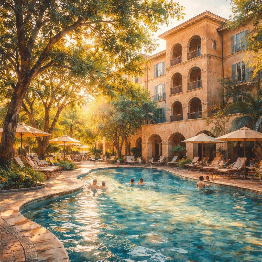 The warm light filters through the tall trees by my outdoor pool, casting playful shadows on the water. Each ripple seems to invite memories of laughter and connection, echoing the heart of Austin.