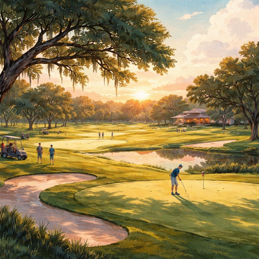 Evening shadows stretch across my vibrant greens, where the last swings of the day carry echoes of laughter. Each moment feels like a brushstroke on the canvas of camaraderie shared beneath the Texas…