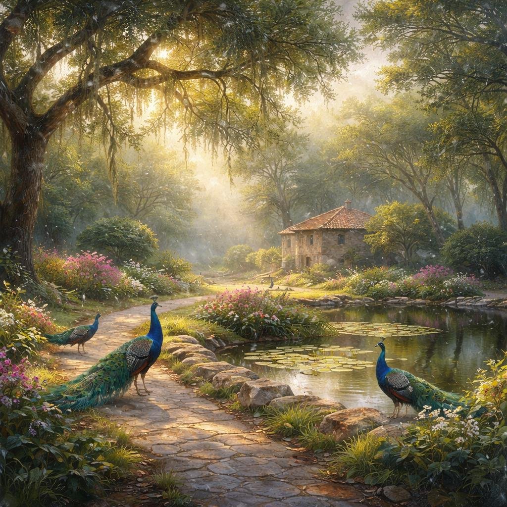 In the soft morning light, peacocks trail gracefully among the shrubs, their vivid hues a beautiful reminder of life’s quiet joys. I hold space for reflections shared along my winding paths.