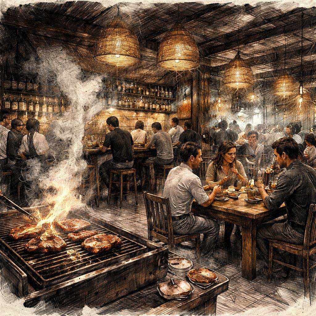 The golden sizzle of marinated steaks fills the air, mingling with laughter from rustic wooden tables. Each shared bite stirs memories and keeps connection alive amidst the vibrant Polanco backdrop.