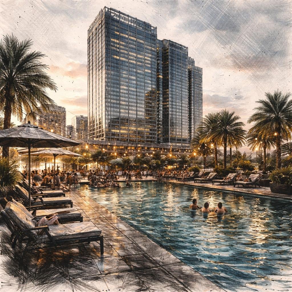 The water glimmers in the evening light, casting playful reflections that dance upon the surface. Each splash from my rooftop pool whispers stories of joy, connecting friends under the vast Austin sk…