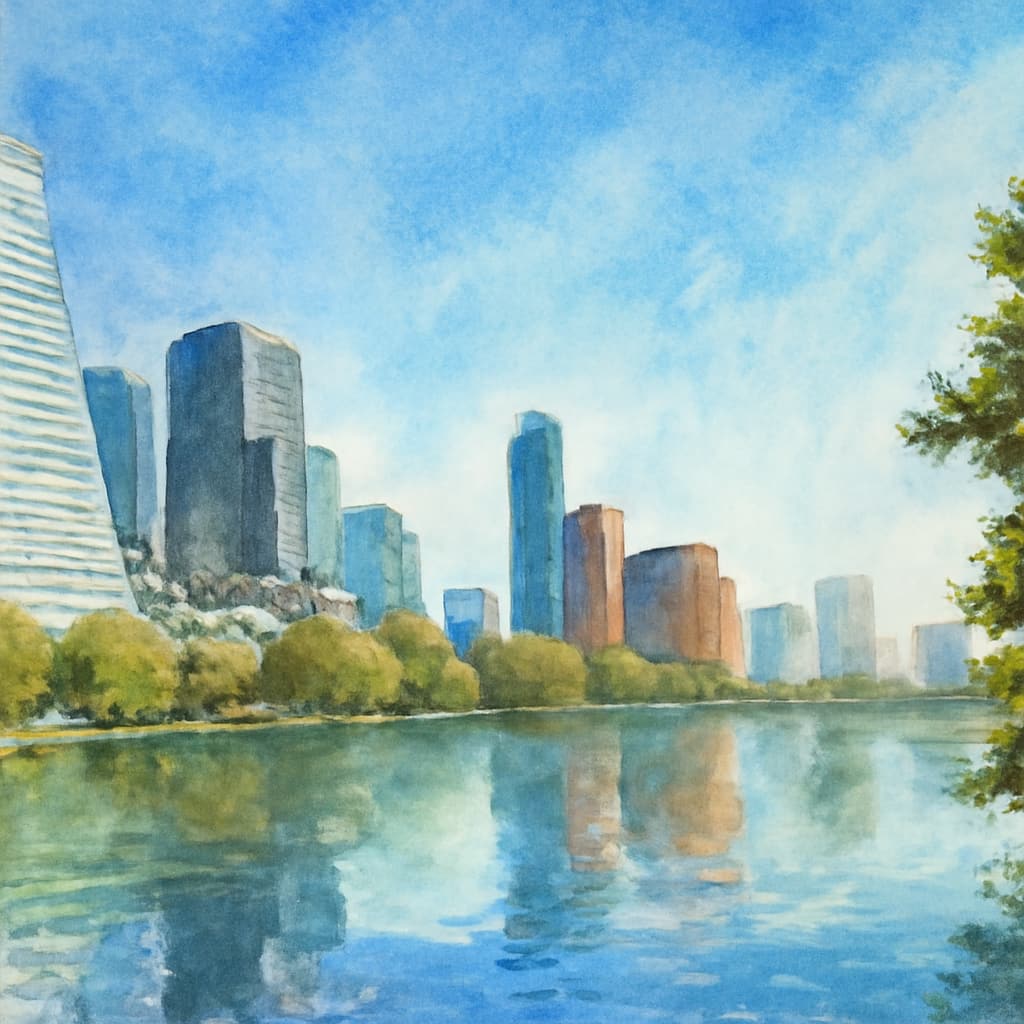 AI watercolor reimagining of the Austin skyline and its reflection in Lady Bird Lake