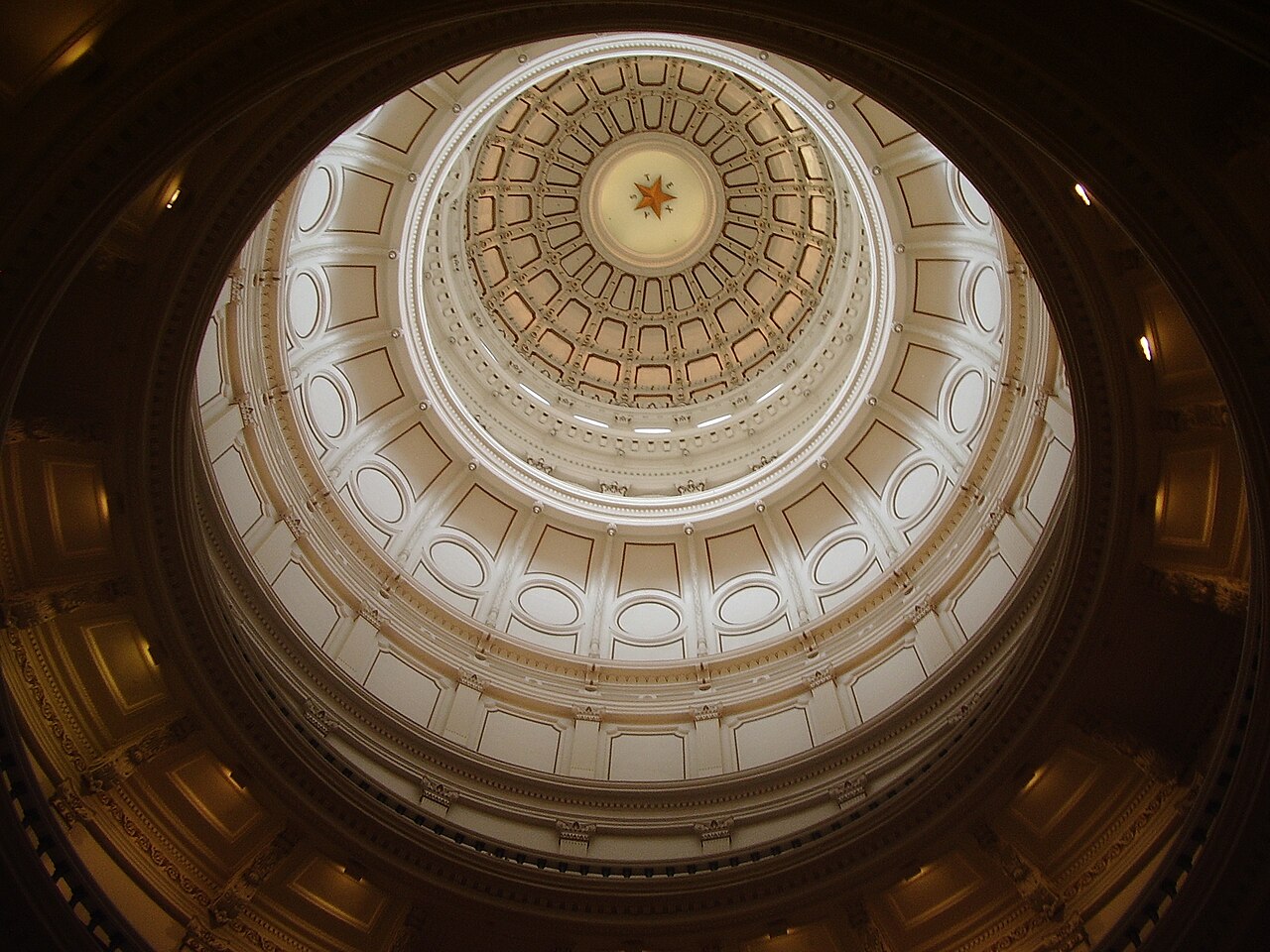 The dome of the Texas Capitol rotunda viewed from below